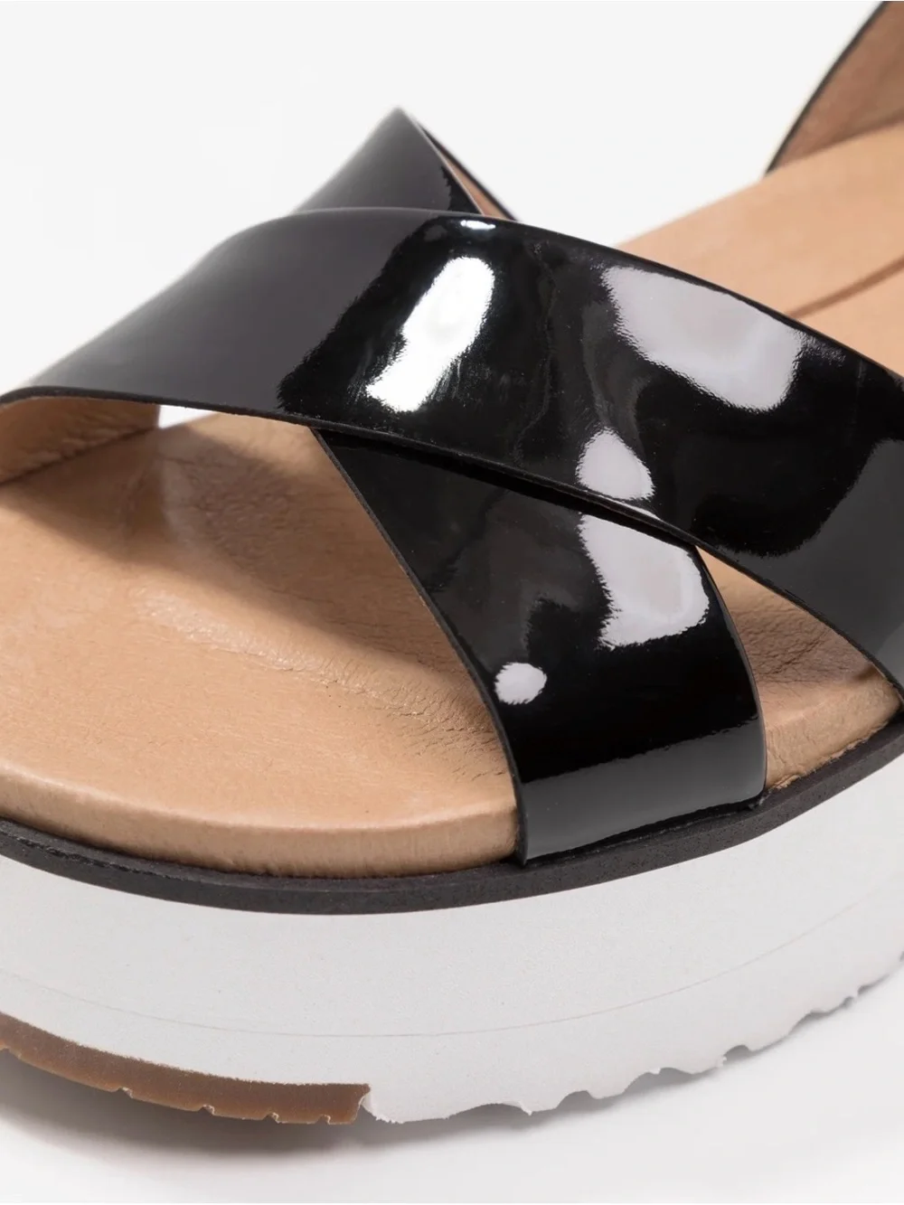UGG Women’s Black Patent Crisscross Platform Sandals with White Sole